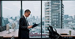 Mature, businessman and walk with document in office for schedule, corporate contract and reading deal. Japanese person, window and paperwork with finance report, investment proposal and negotiation
