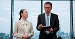 Corporate, people and walk with tablet in office for planning schedule, research advice and negotiation. Staff, talking and digital of finance budget, investment feedback and proposal report in Japan
