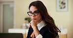 Business woman, thinking and schedule with laptop for online booking, data entry or application at travel agency. Female person, consultant or reservation agent with thought on computer for app