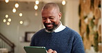 Black man, happy and tablet in office for web designer, software update and scroll for information. Business, mature and ux developer with tech for seo tools, trends and review for creative research