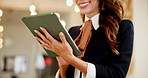 Happy woman, hands and browsing with tablet for social media, communication or network at hotel. Closeup, female person or concierge with smile on technology for online booking, reservation or app