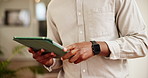 Closeup, person and hands with tablet for web designer, software update or scroll for information. Office, business and ux developer with digital for seo tools, trends or research for creative agency