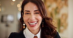 Laughing, face and woman in business, confident and happy for promotion in company or account manager. Smile, employee and joy for career growth in agency, person and success of project in office