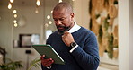 Office, black man and thinking with tablet for problem solving, software error and developer for planning. Review, mature person and web designer with research for ux solution, seo tools and business