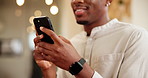 Office, man and hands with smartphone for message, online communication and chat with contact. Smile, male worker and consultant with mobile for social media post, text and business service to client