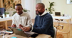 Meeting, publishing and people on laptop talking for article feedback, writing advice and review. Office, digital magazine and editor with writer on computer for report, news column and discussion
