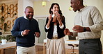 Office, applause and happy business people on laptop with good news, success and online notification. Media company, publishing agency and men and woman with target, editor feedback and book sales