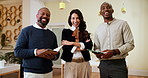 Business, people and face with laughing in office for hospitality joke, concierge service or event management. Hotel, teamwork and happy with notebook for booking information, planning or digital app