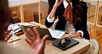 Meeting, documents and business people with laptop for company sale review, statistics and graphs. Finance consultant, discussion and hands of workers with paperwork and computer for budget review