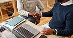 Businessmen, handshake and laptop with thank you for project, agreement or deal together at office. Closeup, male people or coworkers shaking hands with computer for partnership, meeting or teamwork