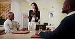 Presentation, speaker and woman with tablet, office and explaining ideas to client, publicist or online. Business, talking and people in meeting for project, discussion or plan for promotion of brand
