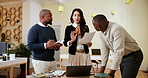 Business people, team and conversation with planning, laptop and cooperation for project. Group, coworking and employees in modern office, discussion and ideas for proposal and company development