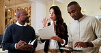 Business people, team and conversation with planning, documents and cooperation for project. Group, coworking and employees in office, talking and feedback for proposal, tablet or company development