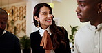 Meeting, interior design and woman with business people in office for planning, discussion and ideas. Startup, creative agency and workers talking for remodeling project, collaboration and teamwork