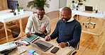 Meeting, office and people with good news on laptop for article feedback, writing advice and review. Publishing, magazine agency and editor with writer on computer to celebrate, fist pump and success