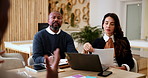Business people, job interview and meeting for recruitment, listening and questions. Hiring, employees and manager with candidate, cv and contract with negotiations for salary, onboarding or bored