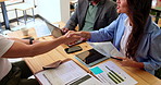 Business people, handshake and meeting for interview, conversation and agreement with job offer. Group, employees shaking hands with hiring manager, negotiation or recruitment with onboarding or deal