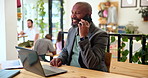 Cafe, business man and phone call for remote work, financial deal or franchise negotiation. Coffee shop, mobile and happy worker chat for startup investment, communication and sale update on laptop