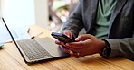 Hands, cafe and phone with texting for freelancer, financial consultant and communication. Businessman, remote work and graph discussion for feedback, networking or business project at coffee shop