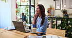 Thinking, businesswoman and finance with laptop in cafe, bookkeeping and investment information. Coffee shop, female person and mature accountant with ideas for auditing, financial research or report