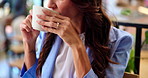 Thinking, coffee and business woman in cafe for calm, break and wondering for remote working job. Restaurant, freelance consultant and person with drink, cappuccino and beverage for inspiration