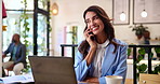 Laptop, business and happy woman in cafe with phone call connection, communication and remote working. Restaurant, freelance consultant and person on smartphone for networking, contact and discussion