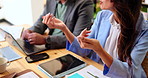 Hands, meeting and business people with cafe communication, b2b networking or collaboration interview. Human resources, teamwork and coffee shop discussion with tech for remote work project ideas