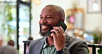 Happy, phone call and business black man in cafe for client contact, communication and conversation. Entrepreneur, remote working and person on smartphone for networking, connection and discussion
