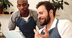 Booking, collaboration and tablet with men in coffee shop for online order or planning. Agenda, conversation and schedule with happy barista people in cafe or restaurant for small business management