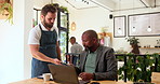 Cafe, people and credit card on machine for payment with contactless transaction, customer service or POS. Businessman, waiter and happy with easy tap in bistro for digital sale, RFID and coffee bill