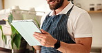 Businessman, hands and barista with tablet for online service, social media or order at coffee shop. Closeup, man or espresso chef with technology for cafe review or small business startup at store