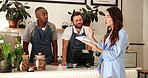 Woman, staff and talking with tablet at cafe of planning, online order and booking for menu update. People, ideas and digital with inventory management, customer service reviews and sales performance