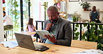Tablet, thinking and business man in cafe for investment insight, idea and financial metrics. Technology, coffee shop and freelancer reading email for remote work, problem solving or trading decision