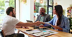 Business people, handshake and meeting for interview, thank you and agreement with job offer. Group, employees shaking hands with hiring manager, negotiation or recruitment with onboarding or hello
