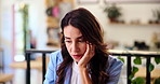 Stress, thinking and business woman in cafe with debt problem, bad news and burnout for work crisis. Remote work, frustrated and person with worry for financial mistake, company failure and deadline