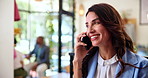 Happy, phone call and business woman in cafe for contact, communication and remote working. Restaurant, freelance consultant and person on smartphone for networking, talking and online discussion
