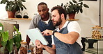 Collaboration, conversation and tablet with men in coffee shop for online order or planning. Agenda, booking and schedule with barista people in cafe or restaurant for small business management