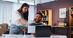Box, documents and tablet for small business with couple in home office for freelance delivery. Laptop, logistics and supply chain with people in apartment together for online order or remote work