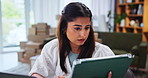 Remote work from home, thinking and woman with tablet, checklist or internet with online reading. Person, employee or consultant with financial report or network with research for stock market
