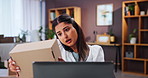 Woman, talk and phone call with box of logistics management, planning and distribution services. Person, mobile and communication with package quality for feedback, delivery information and startup