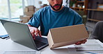Box, laptop and startup with hands of man in home office for freelance delivery or distribution. Computer, logistics and small business with supply chain entrepreneur in apartment for remote work