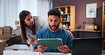 Worry, tablet and startup with couple at home for dropshipping, invoice documents and mistake. Refund policy, stress and delivery delay with frustrated man and woman for ecommerce and cargo problem
