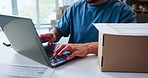 Hands, laptop and man typing logistics email, order update and shipping schedule in home. Ecommerce, box and computer for online sales, stock procurement and freelancer with export for distribution