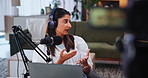Presenter, talk show or woman with mic for broadcast, live recording or online streaming in home studio. News, relationship coach or influencer with advice for gossip channel, radio or audio message