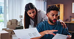 Stress, paperwork and startup with couple at home for dropshipping, invoice documents and mistake. Refund policy, anxiety and delivery delay with frustrated man and woman for ecommerce and cargo