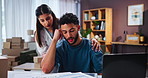 Tired, paperwork and startup with couple at home for dropshipping, invoice documents and mistake. Refund policy, stress and delivery delay with frustrated man and woman for ecommerce and cargo