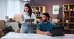 Couple, shipping and small business for logistics, box and inventory management on tablet in home office. Ecommerce, man and woman on laptop for sales, stock procurement and freelance distribution