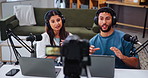 Radio, talk show or couple on mic for podcast, live recording or online streaming in home studio. News broadcast, relationship coach or influencer with advice for marriage channel or audio message