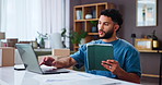 Shipping, tablet and man on laptop for small business, order review and comparison in home. Ecommerce, distribution and technology for online sales, stock procurement and freelancer typing email
