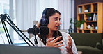 Woman, talk show or mic with laptop for broadcast, live recording or online streaming at home studio. Female person, influencer or commentator with technology for news channel, radio or audio message